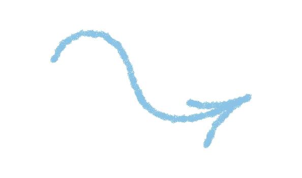 Hand drawn wavy arrow with crayon sketch style in blue. Grungy icon element with a scribble stroke and rough handdrawn look for creative backgrounds or art projects. vector