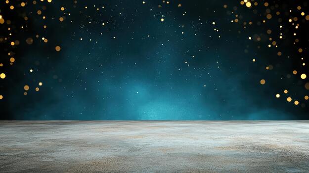 Blue midnight gradient glowing specks along edges with empty concrete floor atmospheric bokeh photo