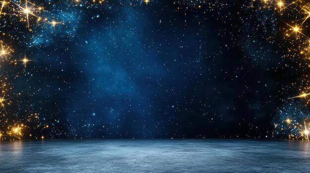 Blue midnight gradient with glowing specks along edges and shimmering floor evokes wonder photo