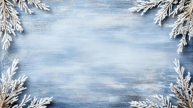 Frosty winter branches frame soft blue wooden background with peaceful chill photo