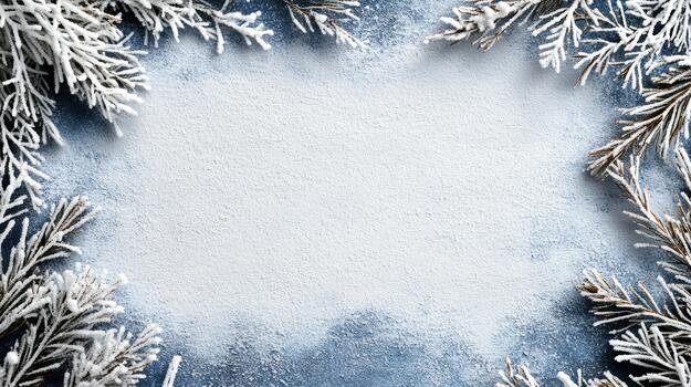 Frosted pine branches winter frame snowy texture peaceful blue background photo