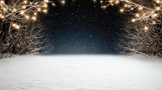 Snowy night scene with glowing string lights and softly falling snow creating peaceful mood photo