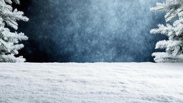 Snowy pine branches frame frosted snowfield soft blue winter night sky with gentle falling snow photo