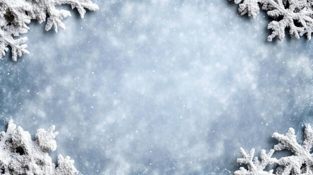 Frosted snowflake frame blue snowy background with falling snow, winter atmosphere photo