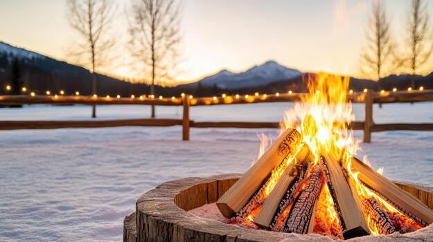 Snowy bonfire at sunset with glowing string lights and distant mountain silhouette photo
