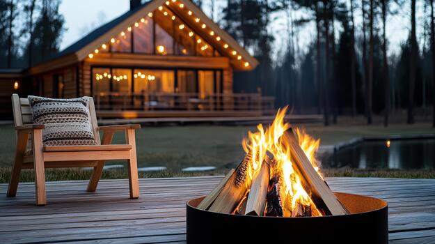 Cozy firepit glowing on wooden deck outside lit rustic cabin at dusk, warm inviting mood photo