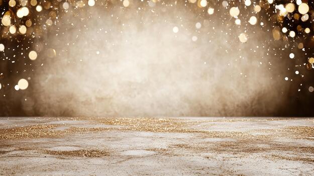 Gold glitter stage with soft bokeh lights and festive haze creating warm atmosphere photo