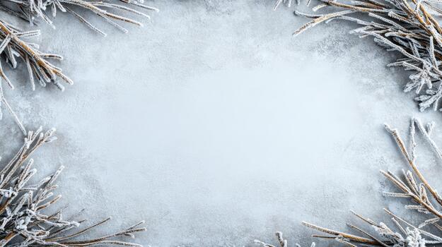 Frosted pine branches winter frost snowy border icy texture photo