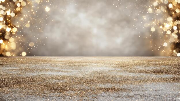 Gold glitter background with sparkling bokeh and shimmering floor creating festive glow photo