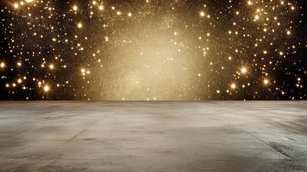 Gold glitter background with sparkling star clusters and empty concrete floor photo