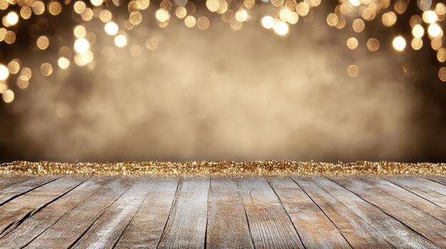 Golden bokeh glow wooden floor with scattered shimmering particles evoking warm festive mood photo