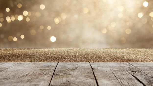Gold glitter tabletop with warm bokeh glow, elegant festive mood and rustic wooden foreground photo