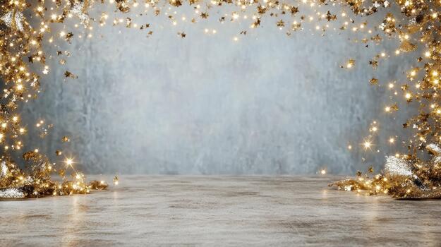 Gold glitter star border with sparkling lights and empty tabletop for festive scene photo