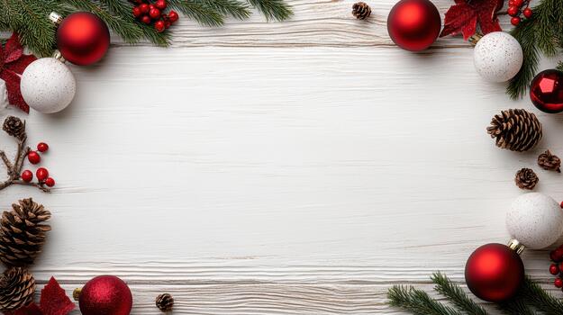 Festive Christmas border with red ornaments, pine cones and evergreen branches creating warm photo