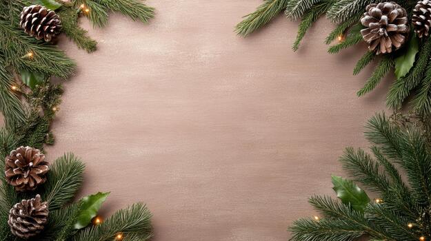 Festive pine frame with pinecone and warm lights on wooden background photo