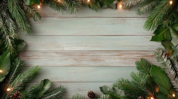Festive evergreen frame with pine branches, lights and pinecone on rustic wood panel photo