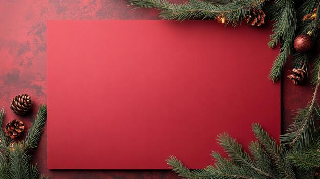 Red paper background pine branch pine cone red ornament festive frame holiday card Christmas photo