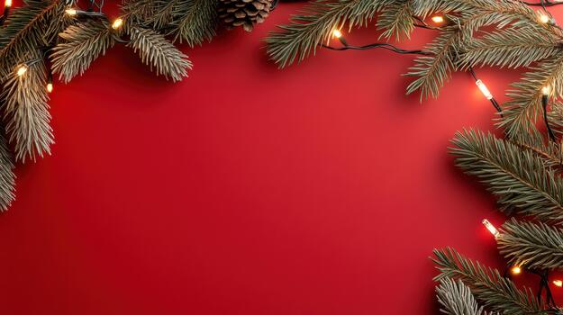 Red ribbon pine branch pinecone string light festive red background warm holiday frame photo