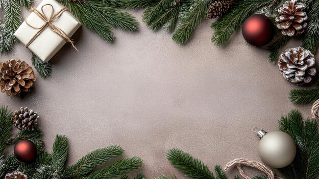 Christmas wreath with fir branches and decorations on a gray background photo