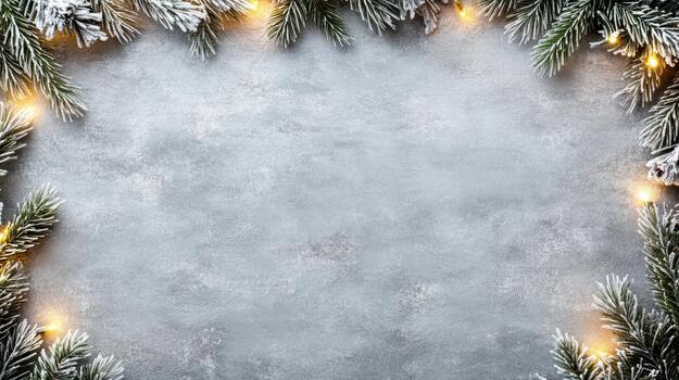 Christmas frame with fir branches and lights on a gray background photo