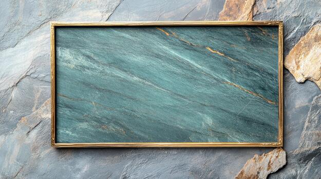 Green marble background with gold frame on a stone wall photo