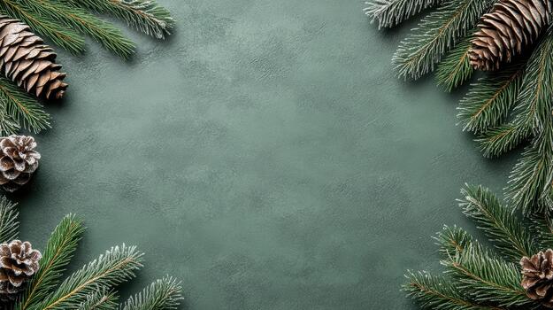 Christmas tree branches and cones on a green background photo