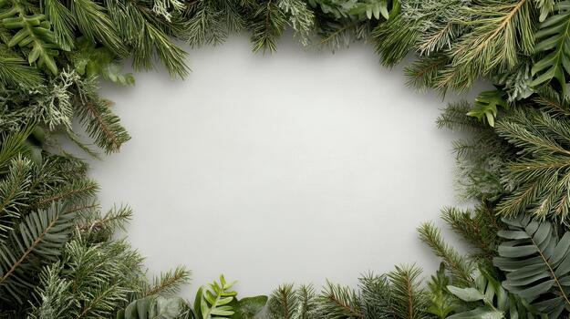 Christmas wreath frame with green leaves and pine branches on white background photo