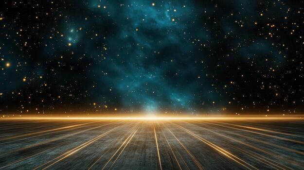 An empty room with a bright starry sky and a wooden floor photo