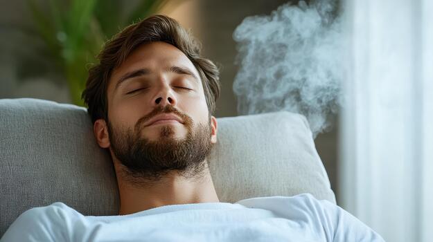 A man is sleeping with his eyes closed and his head resting on a pillow photo