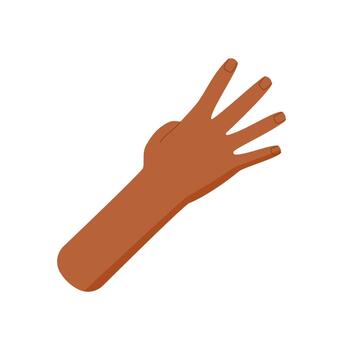 Flat style human hand with raised fingers expressing the number four. Bare brown arm with open palm and counting pose for math or education. Isolated graphic element, basic signal for school or vector