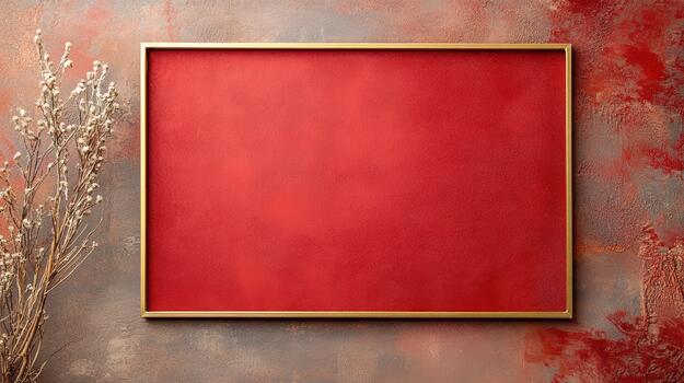 A red frame on a wall with a plant photo