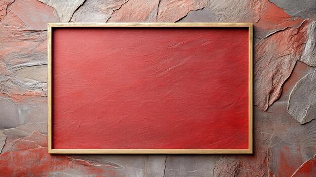 A red frame on a wall with a stone texture photo
