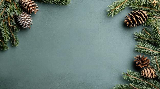 Christmas tree branches and cones on a blue background photo