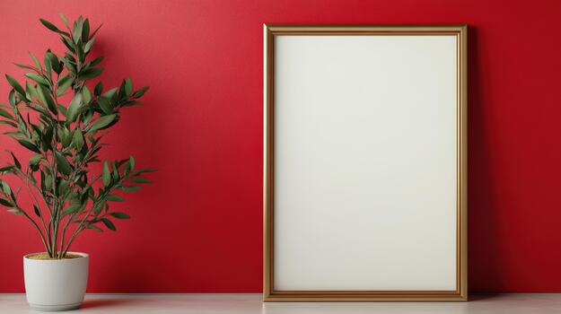 A red wall with a white frame and a plant photo