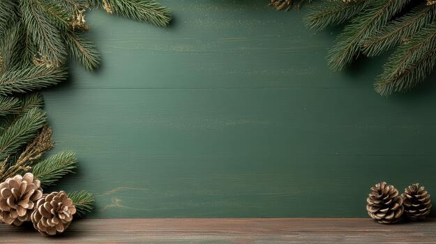 Christmas tree branches and cones on a green wooden table photo
