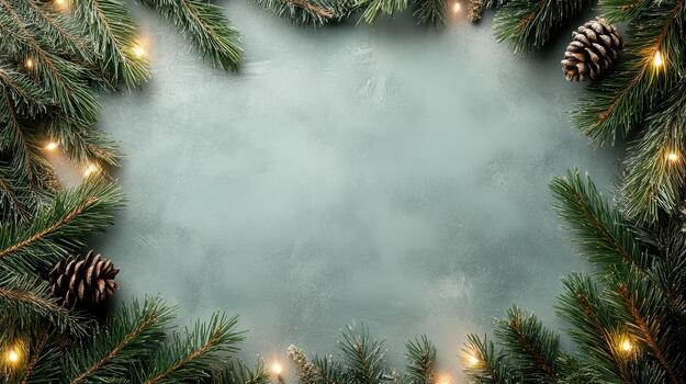 Christmas frame with fir branches and lights on a blue background photo