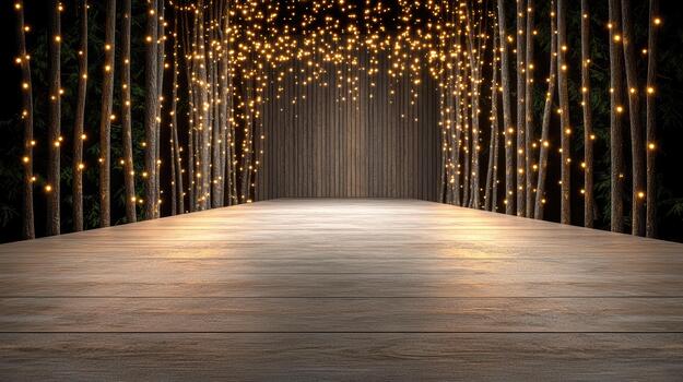 Wooden path with lights in the forest photo