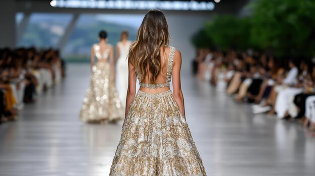 A model walks down the runway in a gold gown photo