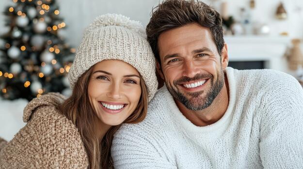 A man and woman smiling in front of a christmas tree photo