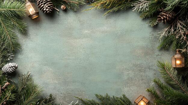 Christmas frame with fir branches, candles and lanterns on a grungy background photo
