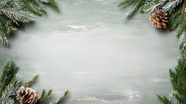 Christmas frame with fir branches and pine cones on a green background photo