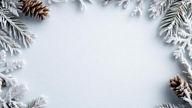 Winter christmas frame with fir branches and pine cones on white background photo