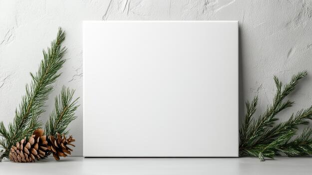 Blank white poster mockup on gray background with pine cones and fir branches photo