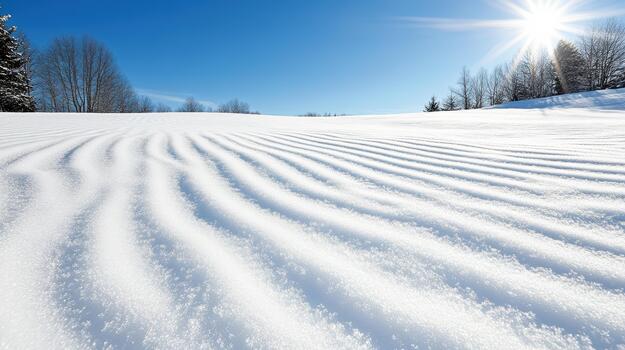 A snow covered field with a sun shining in the background photo