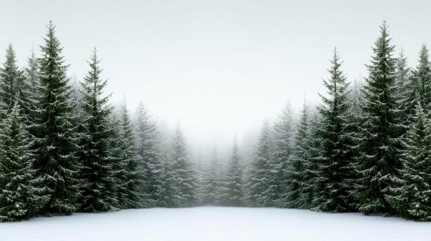 A snowy forest with evergreen trees in the background photo