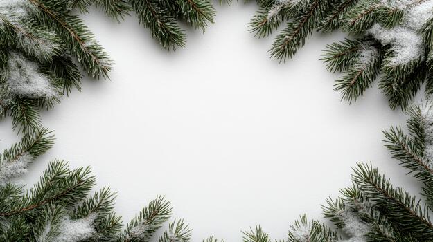 Christmas wreath frame with snow on white background photo