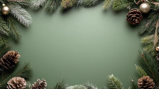 Christmas frame with fir branches and decorations on green background photo