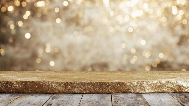 Golden table with bokeh lights on wooden background photo