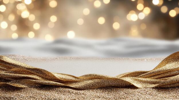 Golden ribbon on sand with bokeh lights photo