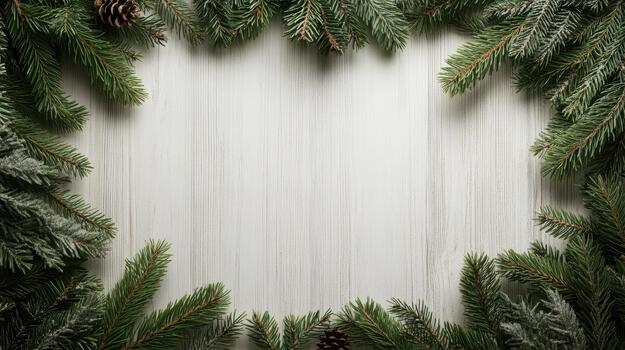 Christmas frame with fir branches and pine cones on white wood background photo